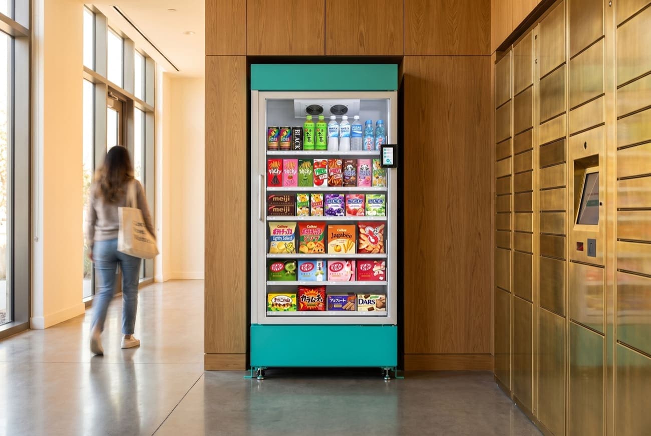 The Stocko fridge in a modern apartment lobby beside a wall of brass package lockers, a resident walking past