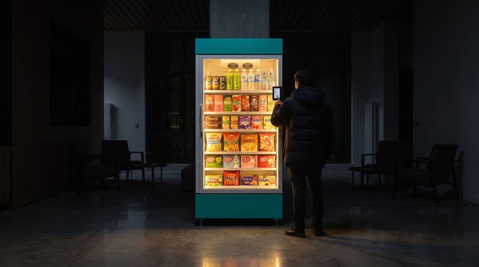 A dark apartment lobby at night with the Stocko fridge glowing, a resident choosing a late-night snack